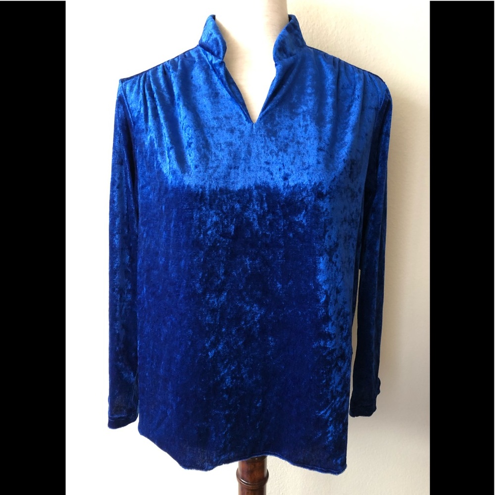 Vintage 1990s Crushed Velvet Tunic Top Long Sleeves Blue Boho Hippie Large